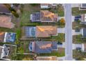 Overhead view of suburban homes with screened-in pools, manicured lawns, and well-maintained driveways at 133 Rona Ln, Davenport, FL 33897