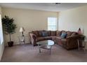 Bright living room with neutral carpet, brown sectional sofa, coffee table and a houseplant by the window at 133 Rona Ln, Davenport, FL 33897