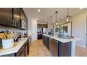 Beautiful kitchen featuring a large island, pendant lighting, stainless steel appliances and dark wood cabinetry at 1019 Wisteria Way, Dundee, FL 33838
