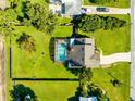 Aerial view of a private backyard featuring a screened-in pool, spacious lawn, and mature trees for added privacy at 3820 Forest Cir, St Cloud, FL 34772