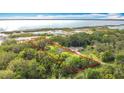 Aerial view showcasing the home's location amidst lush greenery and near a serene lake. Property line is marked in red at 420 Ketch Rd, St Cloud, FL 34771