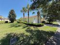 Beautifully landscaped front lawn featuring mature palm trees, lush grass, and well-maintained shrubbery at 12273 Pescara Ln, Orlando, FL 32827