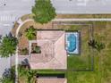 Aerial view of backyard featuring a screened in pool and well-maintained yard at 4125 Navigator Way, Kissimmee, FL 34746