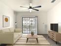 Bright living room with a ceiling fan, sofa, and sliding glass doors to a balcony at 5550 E Michigan St # 2214, Orlando, FL 32822