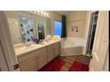 Bathroom with double vanity, large tub, and unique shower curtain. Great for ! at 334 Grosvenor Loop, Davenport, FL 33897