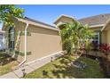 Beautifully landscaped front yard with a vibrant palm tree, lush greenery, and a walkway to the home's entrance at 5365 Dahlia Reserve Dr, Kissimmee, FL 34758