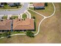 Aerial view of the townhomes with sidewalks, roofs, and well-maintained lawn at 2462 Hassonite St, Kissimmee, FL 34744