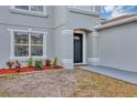 Elegant entryway featuring a black front door, trimmed windows, and decorative landscaping enhancing curb appeal at 1176 Epson Oaks Way, Orlando, FL 32837