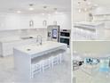 Modern, all-white kitchen featuring an island with seating and stainless steel appliances at 247 Whispering Pines Way, Davenport, FL 33837