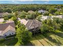 Aerial view of a home with a screened in lanai and lush backyard that backs up to conservation at 2746 Kissimmee Bay Cir, Kissimmee, FL 34744