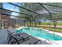 Screened-in pool area featuring a spa, outdoor seating, and scenic views of the surrounding greenery at 253 Aldridge Ln, Davenport, FL 33897
