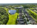 Community aerial view showcasing houses near a pond with lush landscaping and green spaces at 3138 Dark Sky Dr, St Cloud, FL 34773