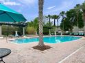 Community pool featuring lounge chairs, palm trees, and shaded pergolas at 1917 Compass Flower Way, Ocoee, FL 34761