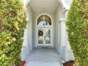 Welcoming front entrance with a glass double door framed by columns and lush greenery, offering curb appeal at 3211 Countryside View Dr, St Cloud, FL 34772
