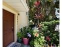 Charming front entryway featuring a wood door, decorative plants, and the home's address at 7521 Pellham Way, Kissimmee, FL 34747