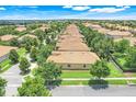 Wide aerial view of a community of single-story homes with tile roofs, surrounded by lush greenery and well-maintained streets at 1300 Island Green St, Davenport, FL 33896