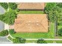 Overhead view of a single-story home showcasing its tile roof, manicured lawn, and proximity to neighboring houses and streets at 1300 Island Green St, Davenport, FL 33896