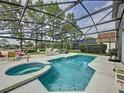Inviting screened-in pool and spa area with outdoor seating, perfect for relaxation and entertaining at 1426 Park Park, Haines City, FL 33844