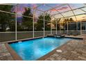 Sparkling screened-in pool and spa area with ample seating and mature trees, ideal for relaxation at 1560 Maidstone Ct, Davenport, FL 33896
