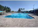 Sparkling community pool with lounge chairs and shade umbrellas on a bright, sunny day at 8101 Coconut Palm Way # 303, Kissimmee, FL 34747
