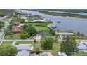 Picturesque aerial view of waterfront homes with docks and boat lifts nestled along the tranquil river at 203 Parkwood Ln, Edgewater, FL 32132