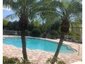 Community swimming pool with brick trim and lush tropical palm trees at 13838 Fairway Island Dr # 1418, Orlando, FL 32837