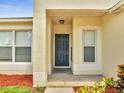 Close-up of front door with stylish accents, nestled between two windows at 3274 Hunters Chase Loop, Kissimmee, FL 34743