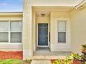 Close-up of the front door, showcasing the well-kept exterior and colorful flower bed at 3274 Hunters Chase Loop, Kissimmee, FL 34743
