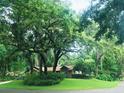 Lush front yard with mature trees surrounding this single story home with grass extending to the circular driveway at 655 Vine Ct, Apopka, FL 32703