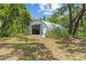 Exterior of a metal outbuilding on a well-maintained, grassy lot with mature trees at 11323 Kijik Trl, Groveland, FL 34736