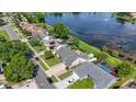 Aerial view of a neighborhood on a waterfront with lush trees and well maintained landscaping at 121 White Birch Dr, Kissimmee, FL 34743