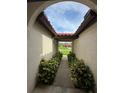 Inviting covered entryway with lush greenery lining the walkway, leading to the home at 8057 Marcella Dr, Orlando, FL 32836