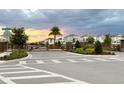 Scenic neighborhood entrance with a wooden gate, palm tree, and lush greenery under a dramatic sky at 1875 Spring Shower Cir, Kissimmee, FL 34744