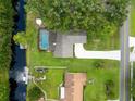 Aerial view of a backyard with screened in pool, dock, and boat on canal at 6161 Bass Hwy, St Cloud, FL 34771