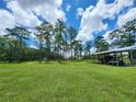 Expansive green backyard with tall trees, open shed, and clear blue sky with fluffy white clouds at 1781 Terra Verde Ln, Chuluota, FL 32766