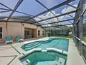 Inviting screened-in pool and spa area featuring a covered lanai perfect for outdoor entertaining and relaxation at 838 Sandy Ridge Dr, Davenport, FL 33896