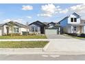 New house with gray and green exterior, stone accents, and a paved driveway at 6075 Sacred Oak Ave, Mount Dora, FL 32757