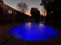 Inviting backyard pool illuminated by a beautiful sunset and ambient string lights, perfect for evening swims at 2819 Ne 25Th St, Ocala, FL 34470