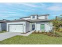 Two-story home featuring a two-car garage, blue front door, and professionally landscaped front yard at 13466 Leaping Water Way, Astatula, FL 34705