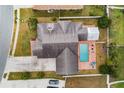 Aerial shot showcasing the house, swimming pool, extended driveway, and fenced yard of this home at 587 Hunters Run Blvd, Lakeland, FL 33809