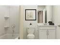 Simple bathroom with white vanity, tub shower combo, and neutral decor at 4192 Singing Mockingbird Blvd, Bartow, FL 33830