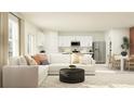 Open concept living space with modern decor, white sofa and adjacent kitchen at 1337 Acorn Meadow Loop, Eustis, FL 32726