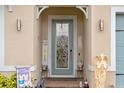 Close-up of a home's beautifully decorated front door with glass and sidelights at 4763 Riverwalk Dr, St Cloud, FL 34771