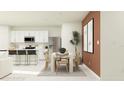 A modern dining area that transitions to a kitchen with stainless steel appliances at 955 Hour Glass Rd, Lakeland, FL 33801