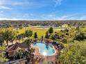Aerial view of a community pool surrounded by lush greenery and a glimpse of a nearby pond at 4706 Rockvale Dr, Kissimmee, FL 34758