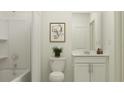 Bathroom featuring a toilet, tub with shower, vanity, and neutral artwork at 1157 Hour Glass Rd, Lakeland, FL 33801