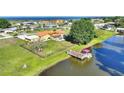 Breathtaking aerial shot of the property boasting a waterfront location, expansive yard, and private dock at 6365 Avocado Dr, Indian Lake Estates, FL 33855