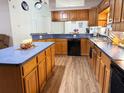 Traditional kitchen featuring wood cabinets, blue counters, and wood-look flooring at 4586 Cr 696, Webster, FL 33597