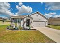 Charming single-Gathering home featuring a well-manicured lawn, flower beds, and a gray two-car garage at 1780 Jackson Oaks Dr, Bartow, FL 33830