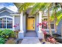 Welcoming front entrance with a bright yellow door, decorative columns, and colorful tropical plants at 3518 Remington Oaks Way, Lakeland, FL 33810